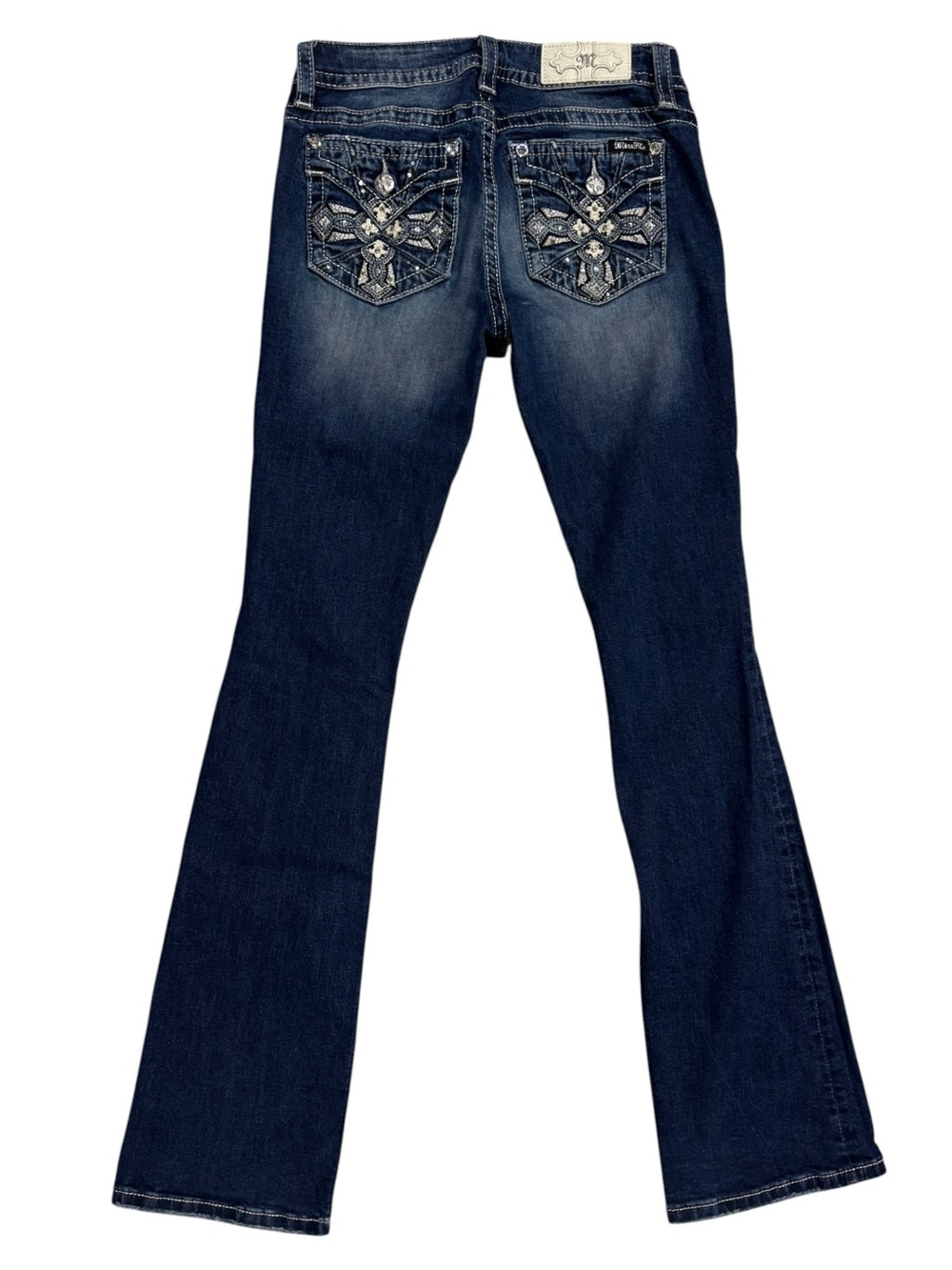 Miss Me | Chloe Y2K Distressed Dark Wash Cross Embroidered Pocket Bootcut Jeans